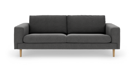 Mørkegrå tresæders sofa med træben, frontvy på hvid baggrund.