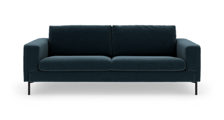 Mørkeblå moderne 3-personers sofa med brede armlæn og slanke sorte ben, fritlagt på hvid baggrund.