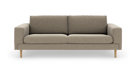 Beige tresæders stofsofa med træben, set forfra; moderne, minimalistisk design.