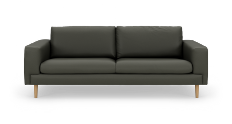 Mørkegrøn tresæders sofa med træben, frontvisning, isoleret på hvid baggrund.