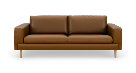 Brun lædersofa med træben, fotograferet lige forfra mod hvid baggrund.