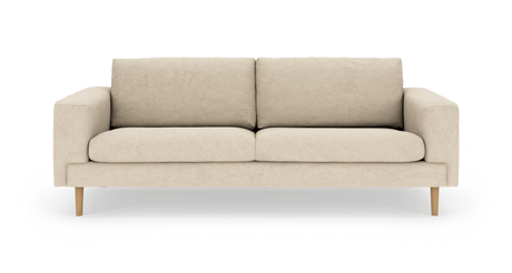 Beige stofsofa med to sædepuder og træben, frontvisning på hvid baggrund.