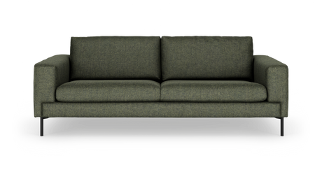 Mørkegrøn stofsofa med to sædehynder og sorte metalben, frilagt på hvid baggrund.