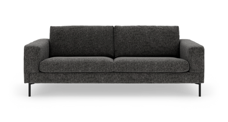 Mørkegrå tresædet sofa med tykke hynder og slanke sorte ben, fritlagt på hvid baggrund.