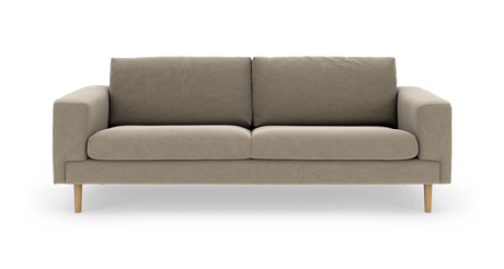 Beige tresæders sofa med to sæde- og to ryghynder, lige armlæn og lyse træben, fotograferet forfra på hvid baggrund.