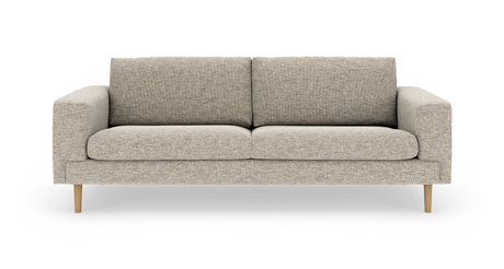 Beige 3-personers sofa i tekstil med lyse træben, frilagt på hvid baggrund.