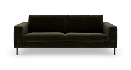 Mørkegrøn tosædersofa med slanke sorte ben, frontvisning mod hvid baggrund.