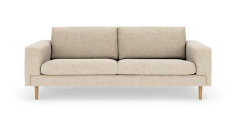 Beige sofa med rette armlæn, to sædehynder og træben, set forfra.