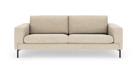 Beige to-personers sofa med lige armlæn og slanke sorte ben, produktfoto på hvid baggrund.