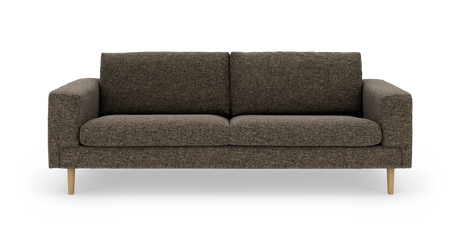 Brungrå tresæders sofa i tekstil med lyse træben, set direkte forfra.