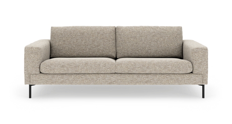 Beige stofsofa med to sæde- og ryghynder og slanke sorte metalben, set forfra.