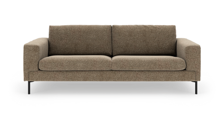 Brun todelt stofsofa set forfra med sorte metalben og lige armlæn; moderne, minimalistisk design.