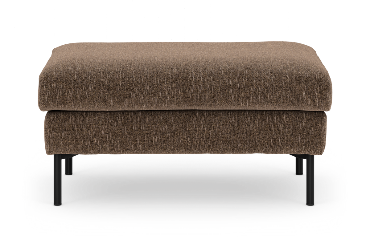 Brun polstret ottoman/fodskammel med sorte metalben, frilagt set forfra.