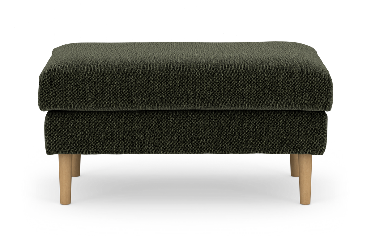 Mørkegrøn ottoman/fodskammel med lyse træben, fritstående på hvid baggrund.
