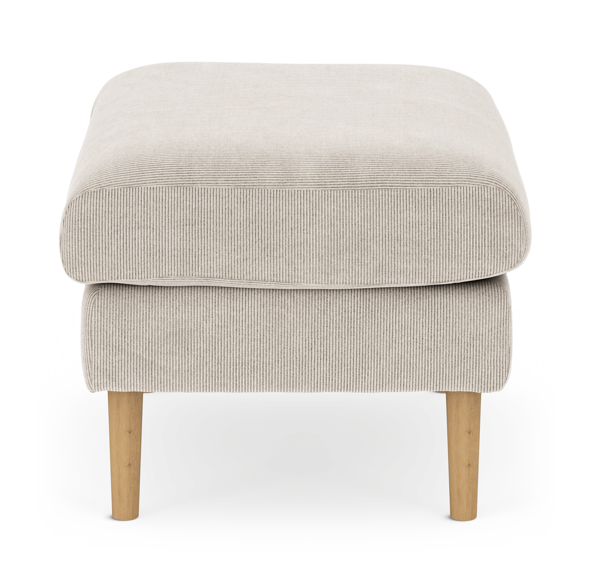 Beige fodskammel i bredriflet fløjl med afrundede kanter og lyse træben, frontvisning på hvid baggrund.