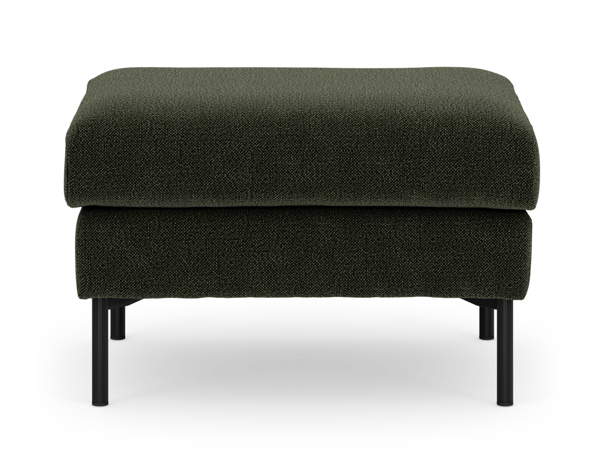 Mørkegrøn ottoman/fodskammel i stof med sorte metalben, fritlagt forfra.