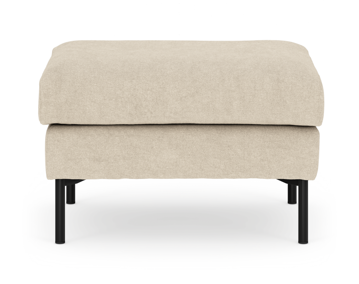 Beige polstret puff med sorte metalben, frontvisning.