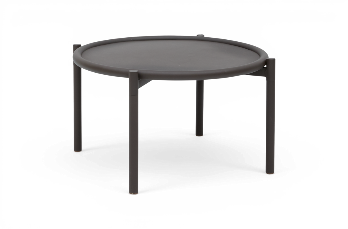 Rundt sidebord i mørkegrå metal med tre ben, fotograferet mod hvid baggrund.