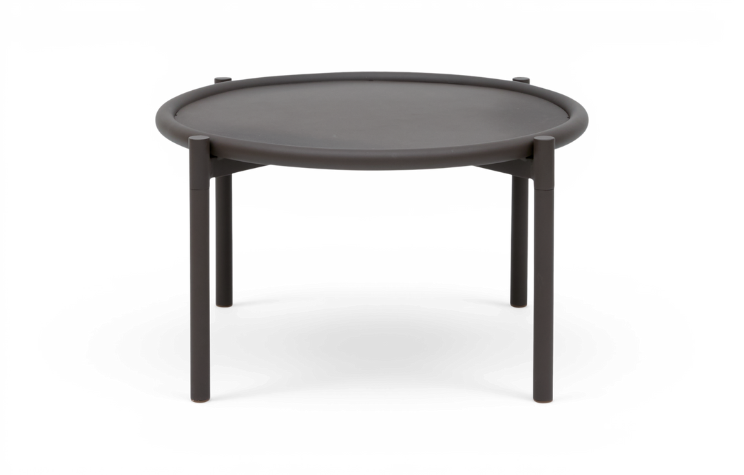 Rundt mørkegråt sidebord i metal med tre ben og en let forhøjet kant.
