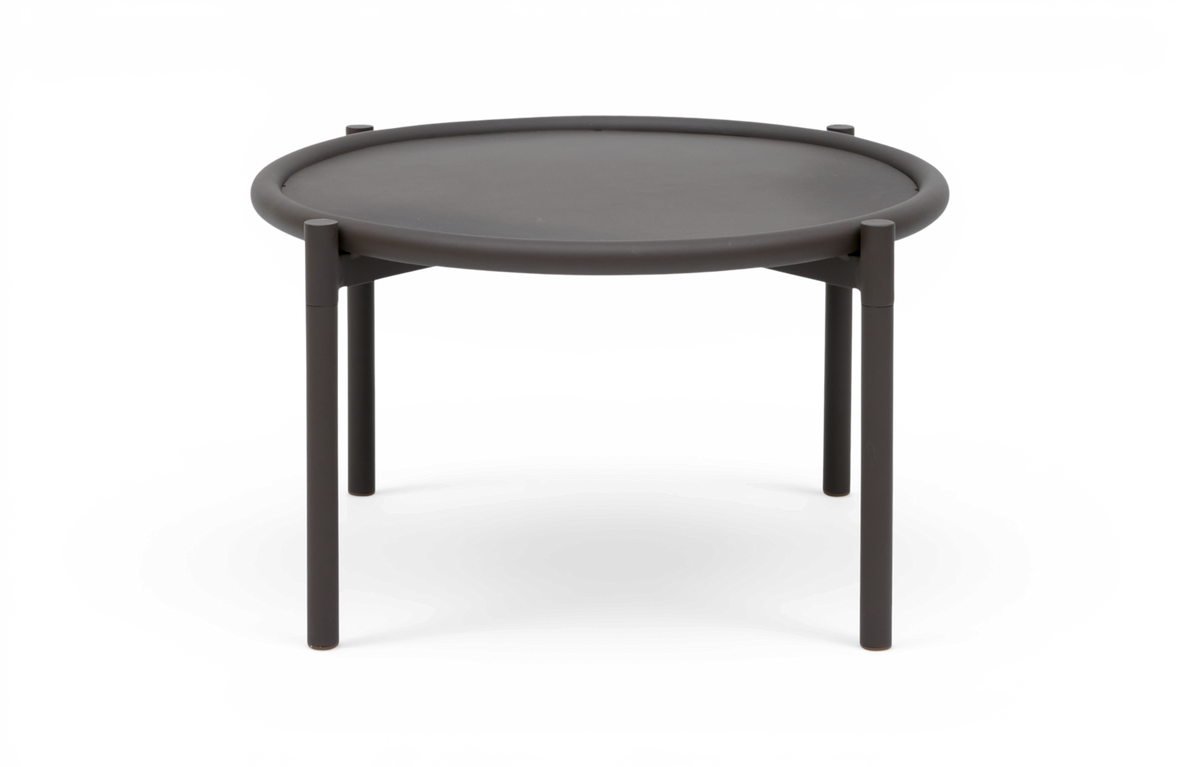 Rundt mørkegråt sidebord i metal med tre ben og en let forhøjet kant.
