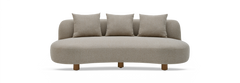 Beige buet sofa med tre puder og træben, frontvisning, isoleret på sort baggrund.