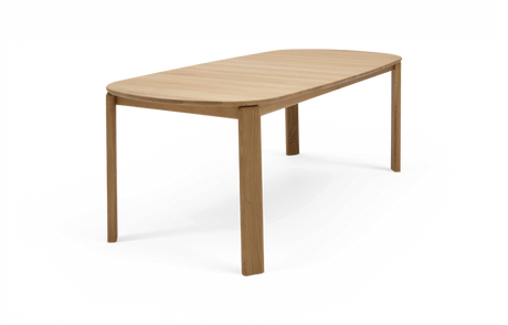 Minimalistisk rektangulært spisebord i eg med afrundede hjørner, frilagt på hvid baggrund.