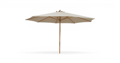 Beige parasol med træstang, frilagt på hvid baggrund.