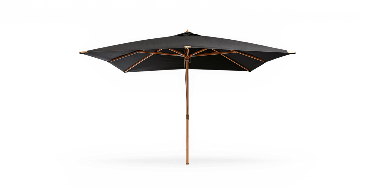 Sort haveparasol med træstang, produktbillede forfra på hvid baggrund.