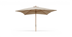 Beige haveparasol med træstang, frontvisning på frilagt baggrund.