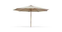 Beige parasol til udendørs brug med træstang, frilagt på sort baggrund.