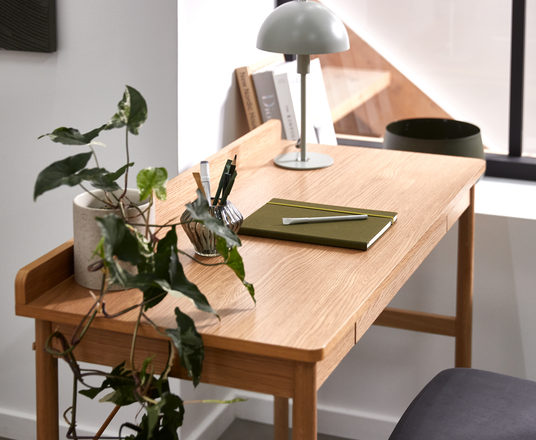 Lyst skrivebord i eg med grøn notesbog og pen, lille grå bordlampe, bøger og hængende potteplante ved et vindue.