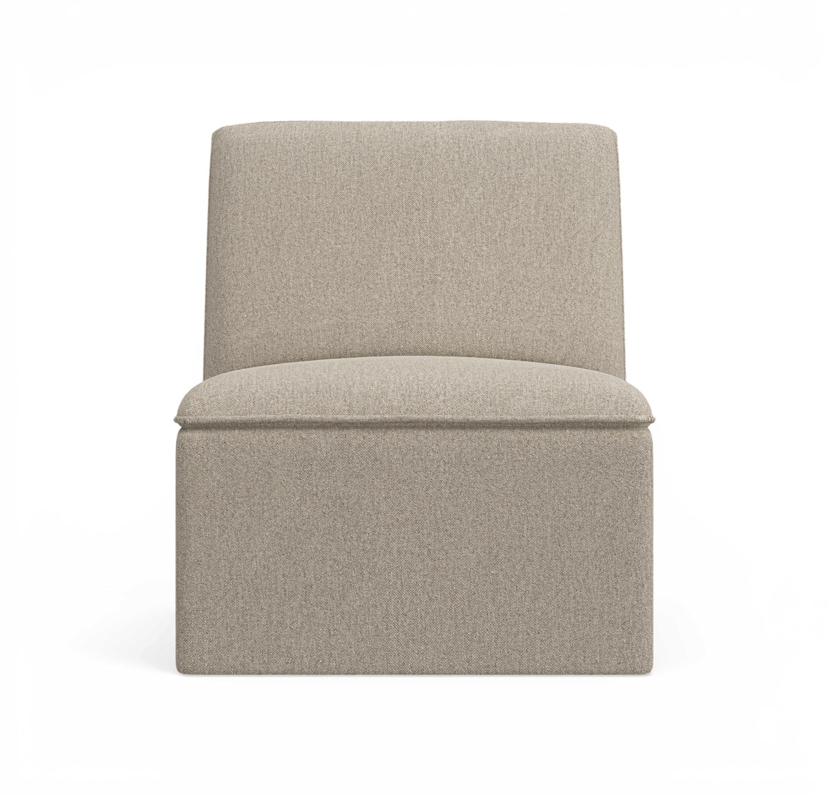 Beige armløs polstret loungestol, frontvisning på hvid baggrund.