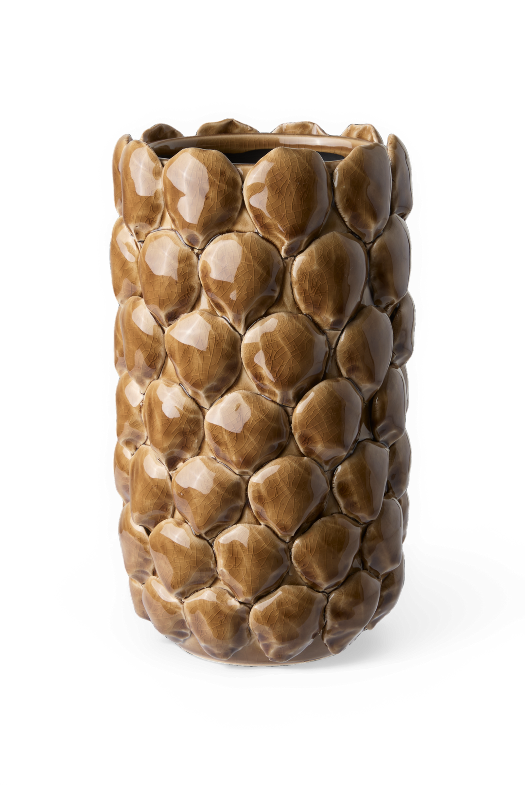 Brun glaseret keramisk vase med hævet bladlignende struktur.