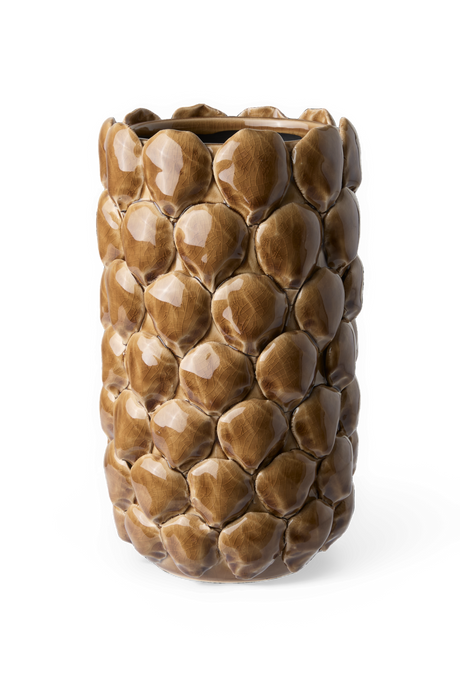 Brun glaseret keramisk vase med hævet bladlignende struktur.