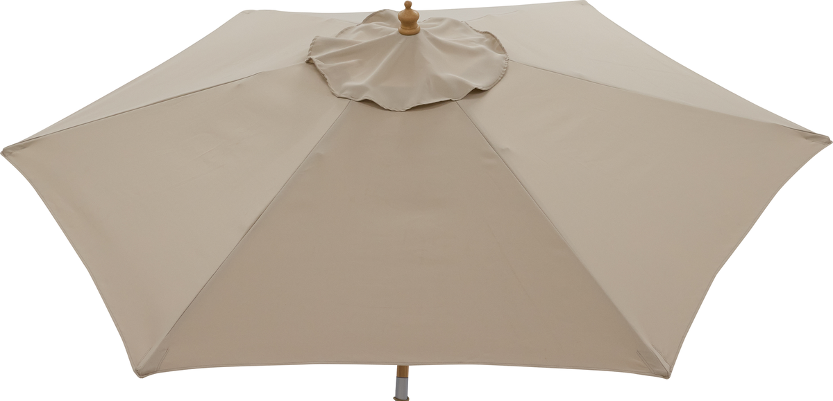 Beige haveparasol med topventil, produktfoto forfra.