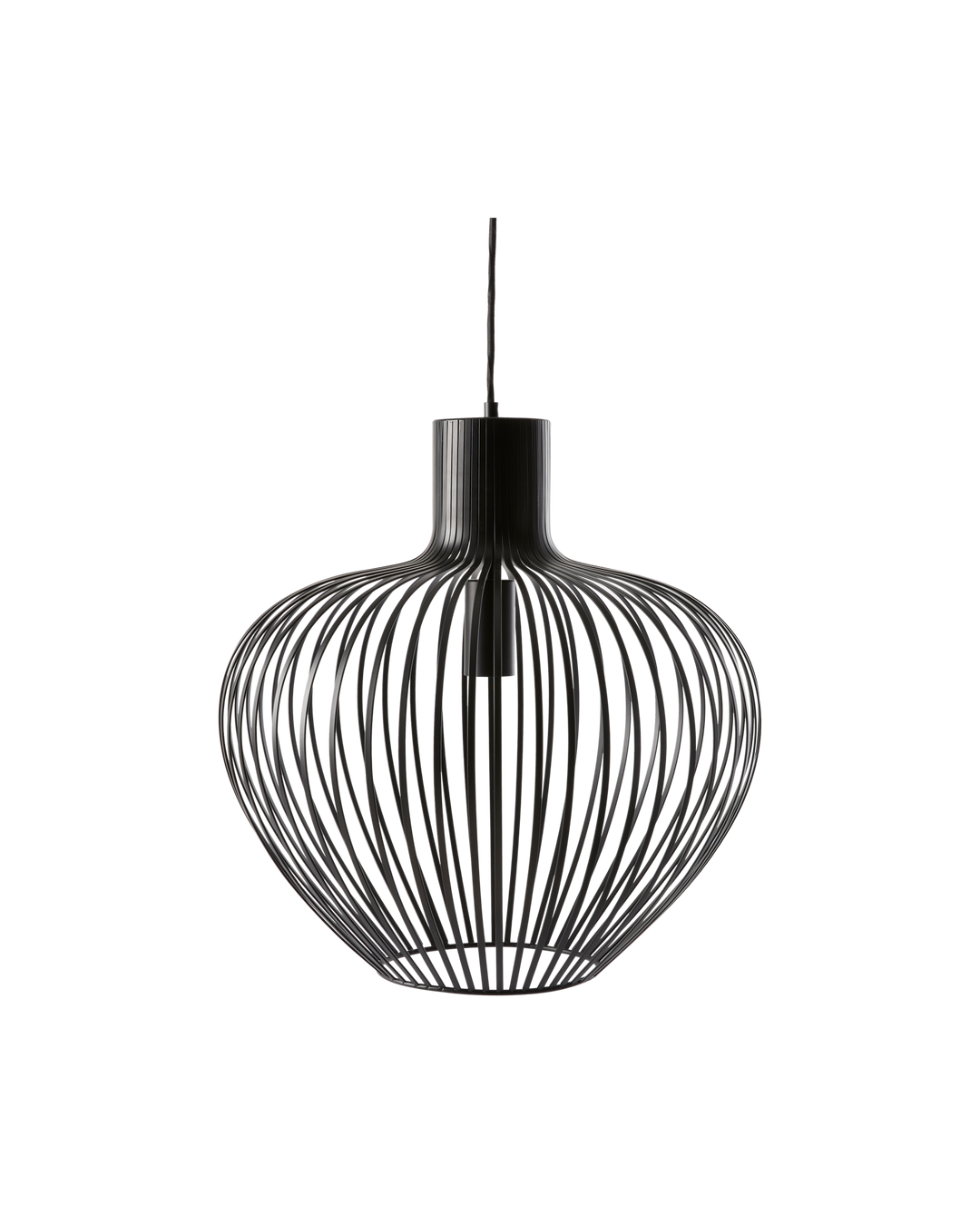 Sort burformet pendellampe i metal med ribbet design.