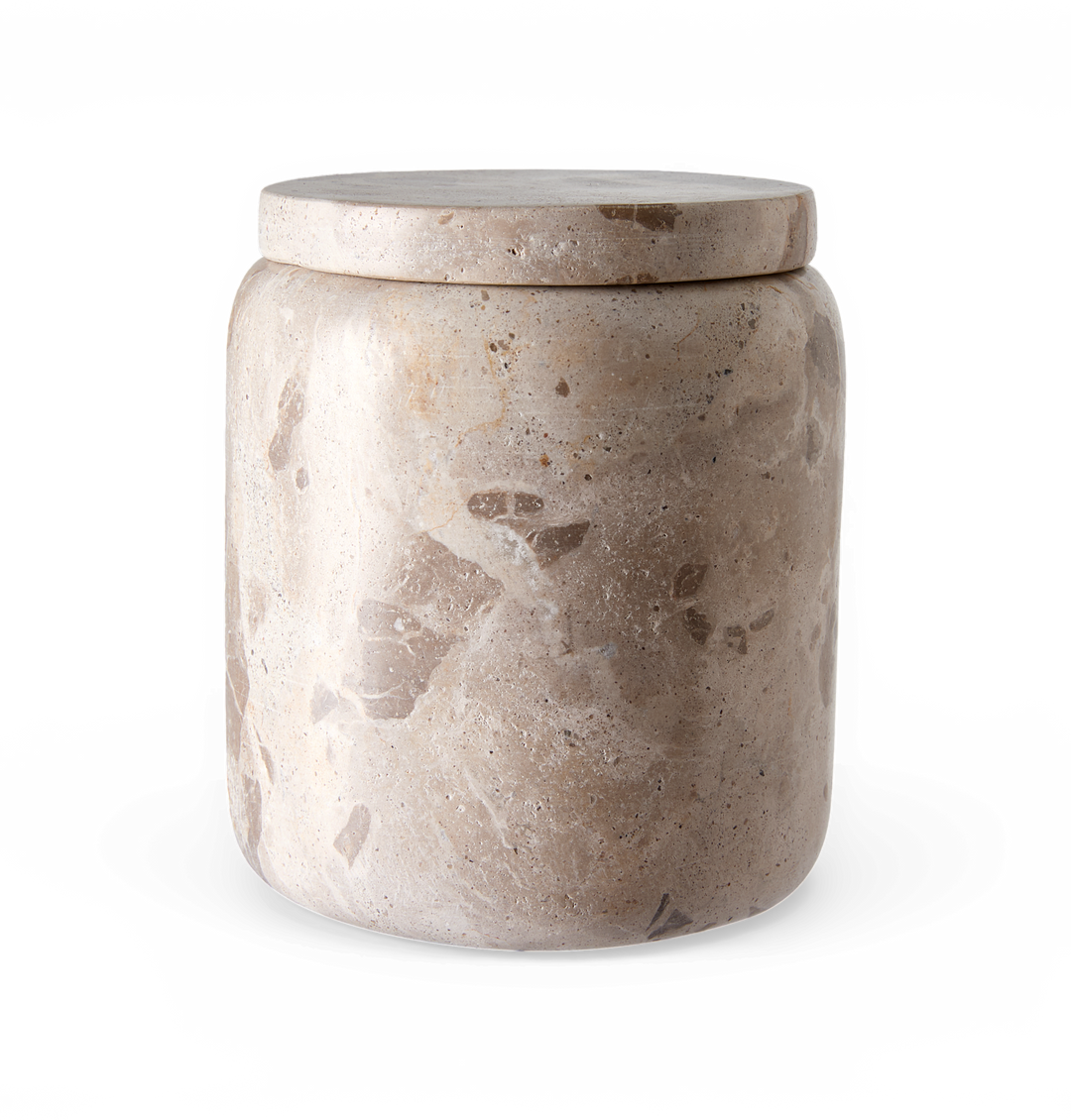 Beige travertin-krukke med låg.