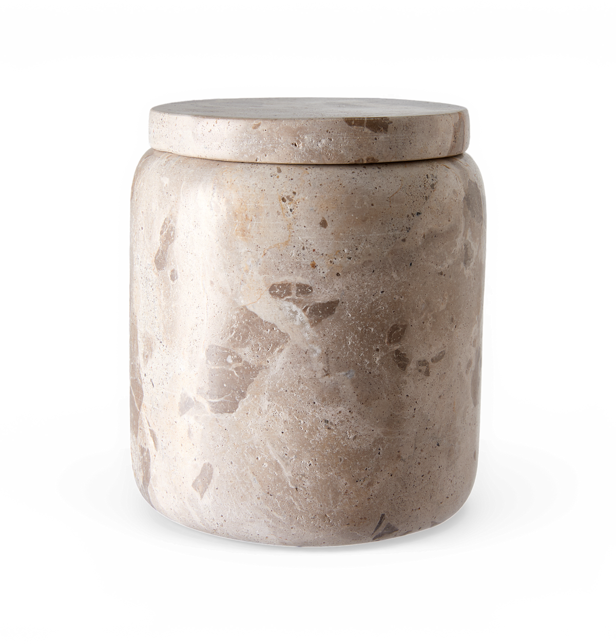 Beige travertin-krukke med låg.