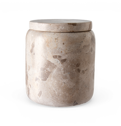 Beige travertin-krukke med låg.