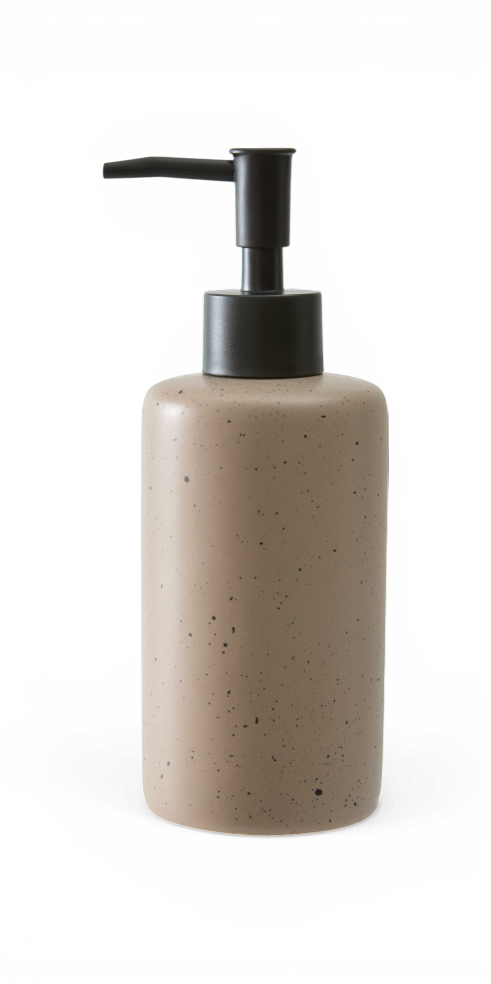 Beige, spættet sæbedispenser i sten-/terrazzo-look med sort pumpe, fritlagt på hvid baggrund.