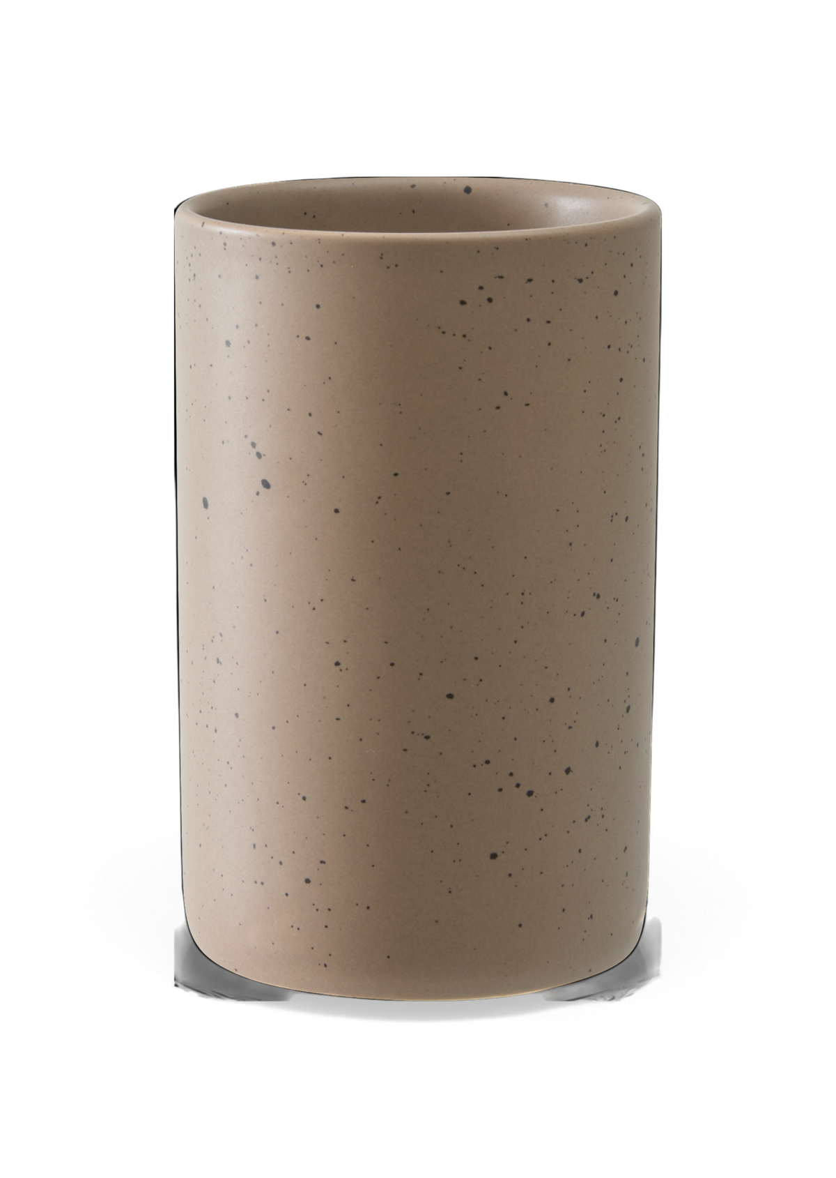Beige, cylindrisk keramikvase med plettet (spraglet) mønster.