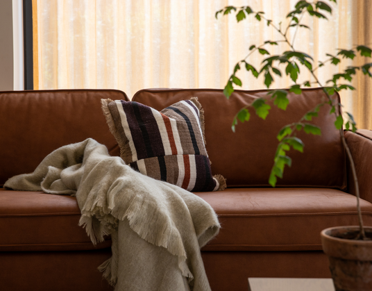 Brun lædersofa med stribet pude og beige frynset plaid, en potteplante i forgrunden og lyse gardiner i varmt dagslys.