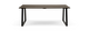 Rektangulært bord med træplade og sorte metalben, frontvisning mod sort baggrund.