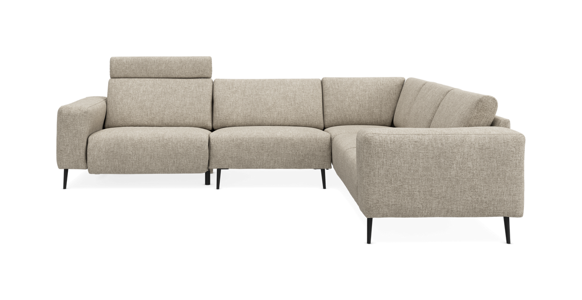Beige L‑formet modulsofa med højre chaiselong og justerbar nakkestøtte, frilagt produktbillede.