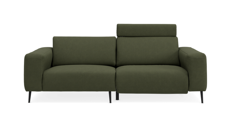 Grøn 2-personers sofa med justerbart nakkestøtte på højre plads, set forfra på neutral baggrund._ps