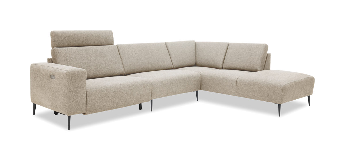 Beige L‑formet modulsofa med højre chaiselong og justerbart nakkestøtte, fritstående på hvid baggrund.