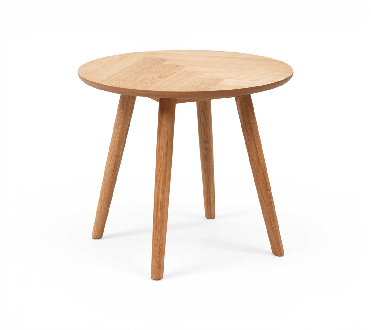 Rundt sidebord i eg med fire koniske ben.