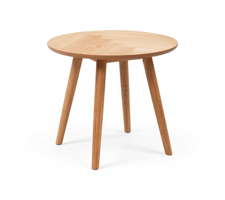 Rundt sidebord i eg med fire koniske ben.
