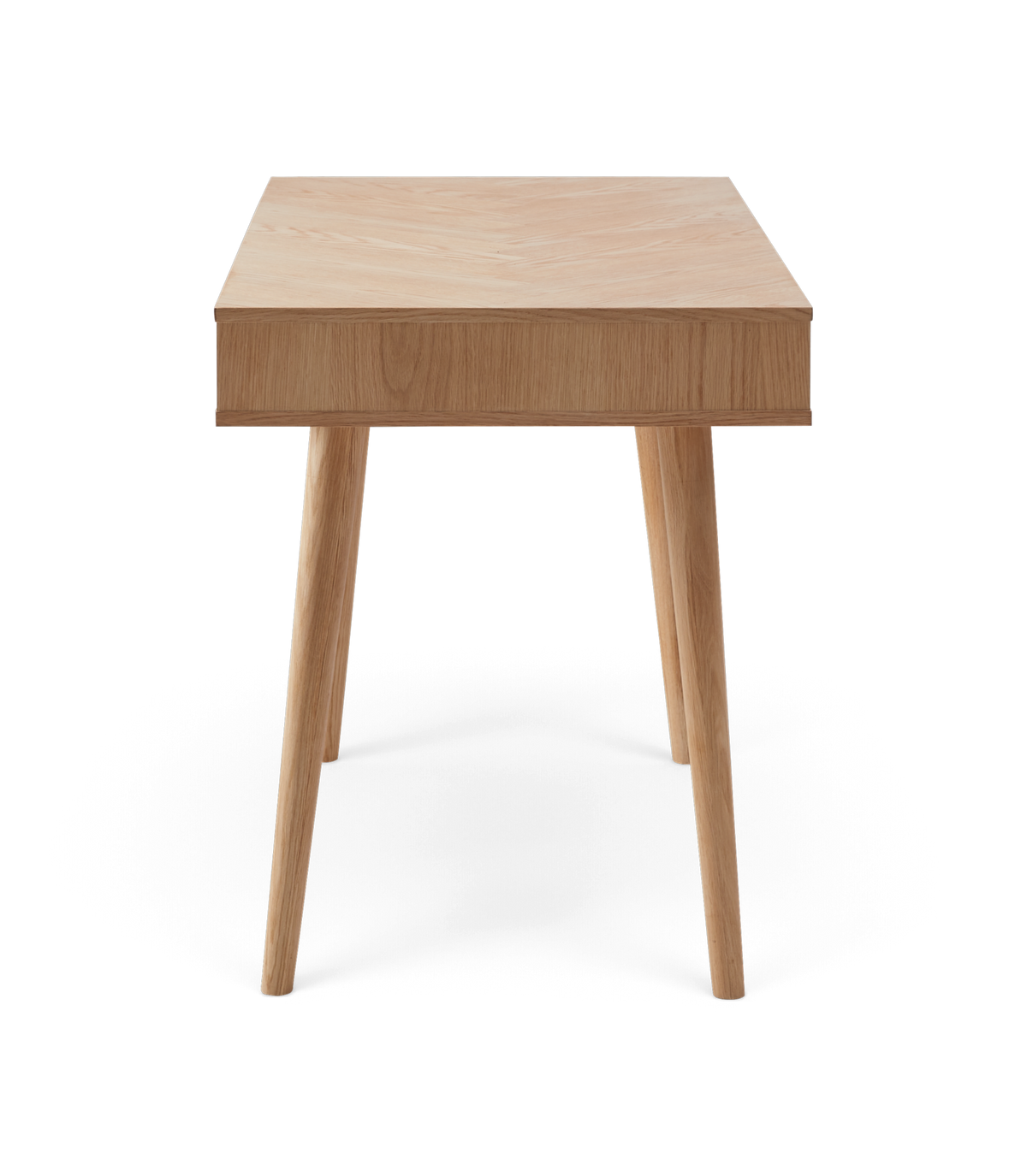 Kvadratisk sidebord i lyst træ med tilspidsede ben, frilagt på hvid baggrund.