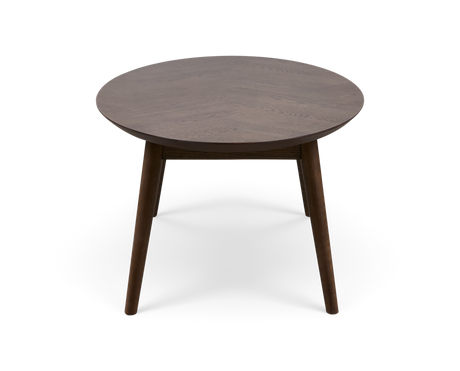 Rundt sidebord i mørkt træ med tre ben, fritlagt produktbillede.